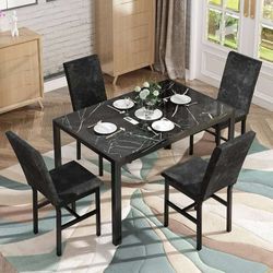 5-Piece Marble Dining Set, Modern Kitchen Table and Chairs for Dining Room, Compact Space Saving Furniture, Dinette, 4 Upholstered Velvet Chairs - Bla