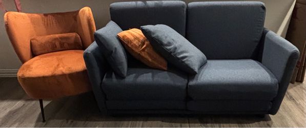 Blue Fabric 2-Seater Sofa with Cushions + Accent Chair