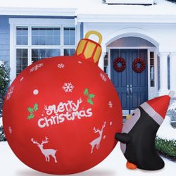 4FT Penguin Pushing Christmas Bell Inflatable Outdoor Decoration with Build-in LEDs