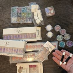 7 Boxes Press on nails with gems aurora powder chrome powder mirror powder