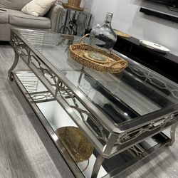 Modern Glass Coffee Table & End Table Set ///Chrome Glass Living Room Table Set (2-Piece)