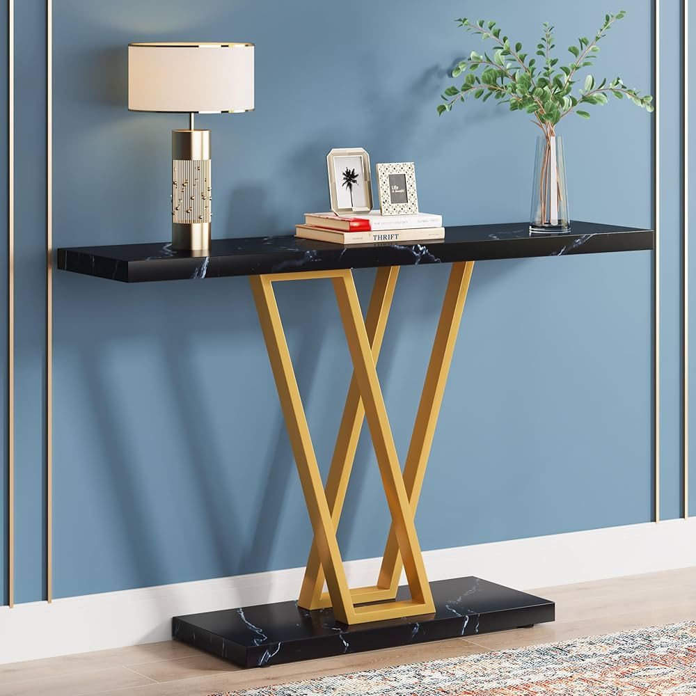 VANOMi 43 Inch Gold Console Table, Industrial Hallway Table for Entryway, Entrance Tables for Front Door, Narrow Sofa Table for Living Room, Easy Asse