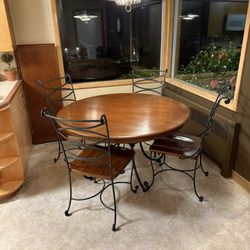 Round (54”) Dining Table/Chairs  Extends To 72”- Solid Wood + Iron  
