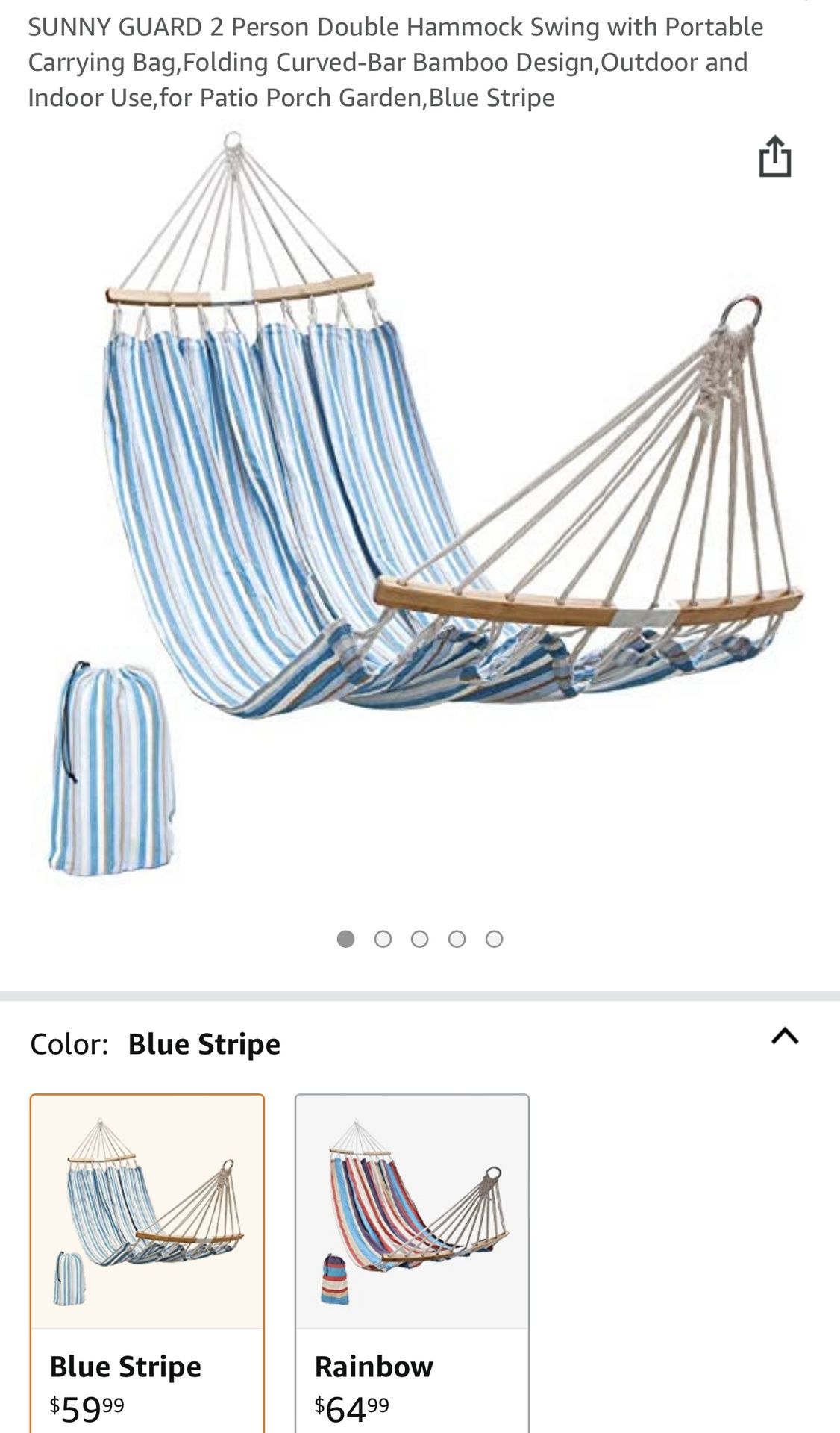 2 Person Double Hammock Swing w/Portable Carrying Bag-Folding Curved/Bar Bamboo Design-Outdoor & Indoor for Patio/Porch/Garden-Rainbow OR Blue Stripe 