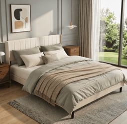 King Size Platform Bed Frame with Velvet Upholstered Headboard, Modern Bedroom Furniture with Wood Support, No Box Spring Needed, Easy Assembly, Beige