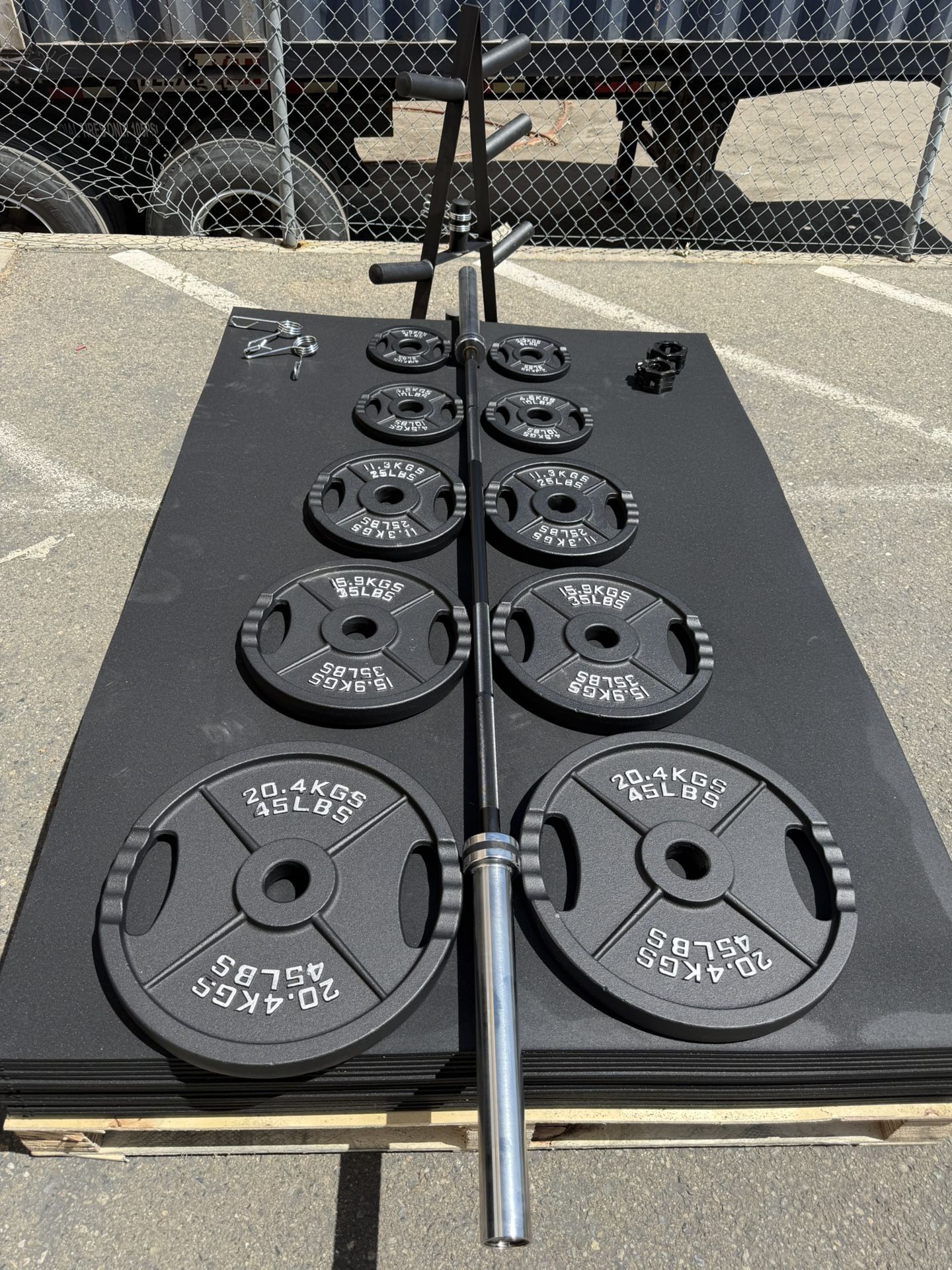 Olympic Iron Grip Plate Set With Weight Tree And Barbell