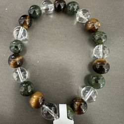 New, Men’s Jade, Tiger Eye And Clear Quartz Crystal Bracelet. Jewelry Bag Included.