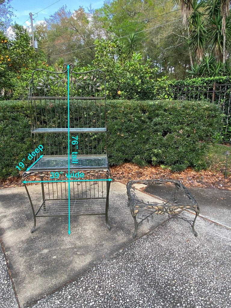 Hooker Iron W/ Gold Leaves 76”t x 39”w Etegere, Bakery/plant Stand, Bookshelf With Glass Shelves