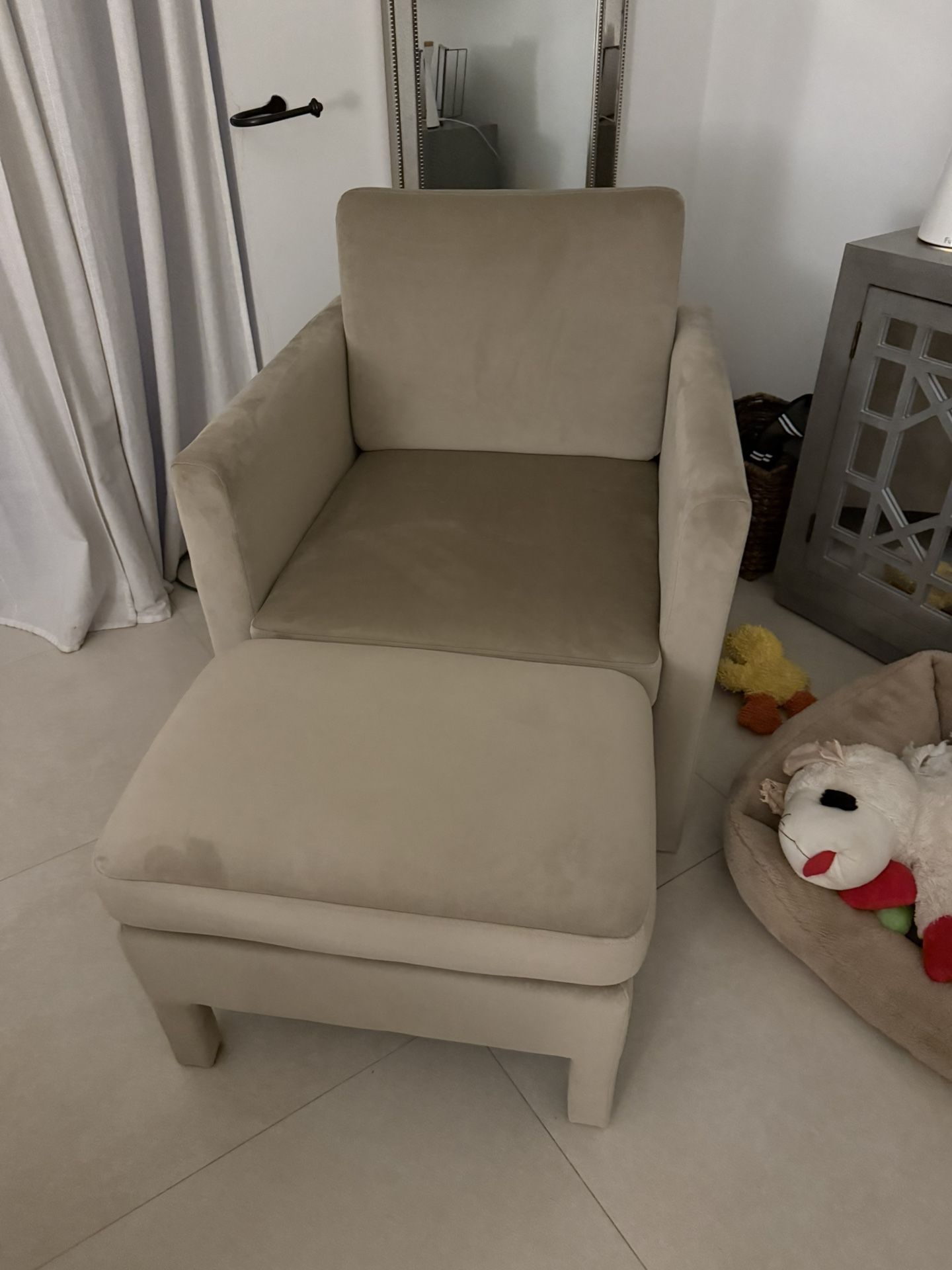 Neutral Suede Armchair With Ottomon