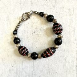 Black Beaded Silver Tone Bracelet 