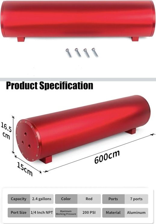 Air Tank 2.4 Gallon 9 Liter 7 Ports for Air Compressor Suspension Ride Bag Storage Tank Car Train Truck Horn,1/4 Inch NPT 200 PSI,Aluminum Red