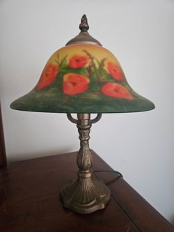 Vintage Reverse-Painted / Frosted Glass Floral Accent Table Lamp