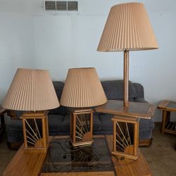 Vintage Wood Oak Glass Box Lamp Set Table Lamp