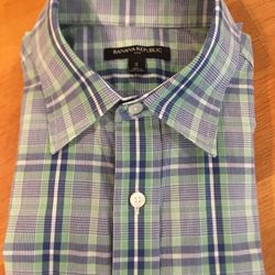 Mens Banana Republic S/S Blue Plaid Dress Shirt Size S