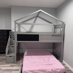 Twin over Full House Bunk Bed with Storage Staircase and Blackboard - Grey