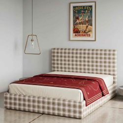 Modern Farmhouse Upholstered Platform Bed with Plaid Headboard and Lift Storage, Full, Beige And