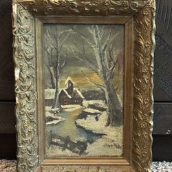 Antique c1920s Winter Church Landscape by Mystery Artist