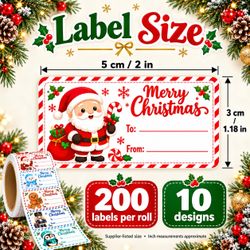 Christmas Gift Labels Roll, 200 Labels, 10 Festive Designs
