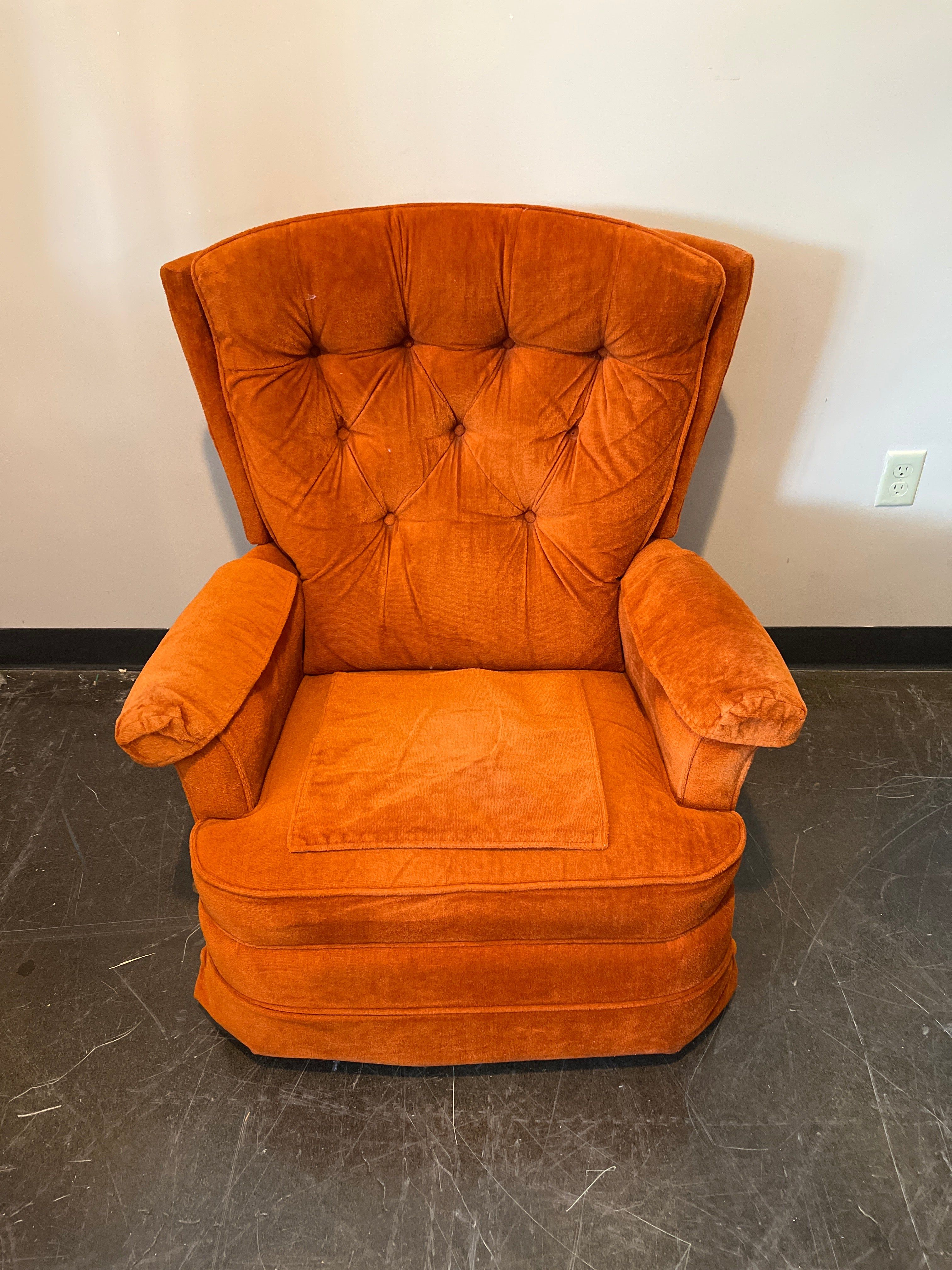 Mid-Century Orange Velvet Swivel Armchair
