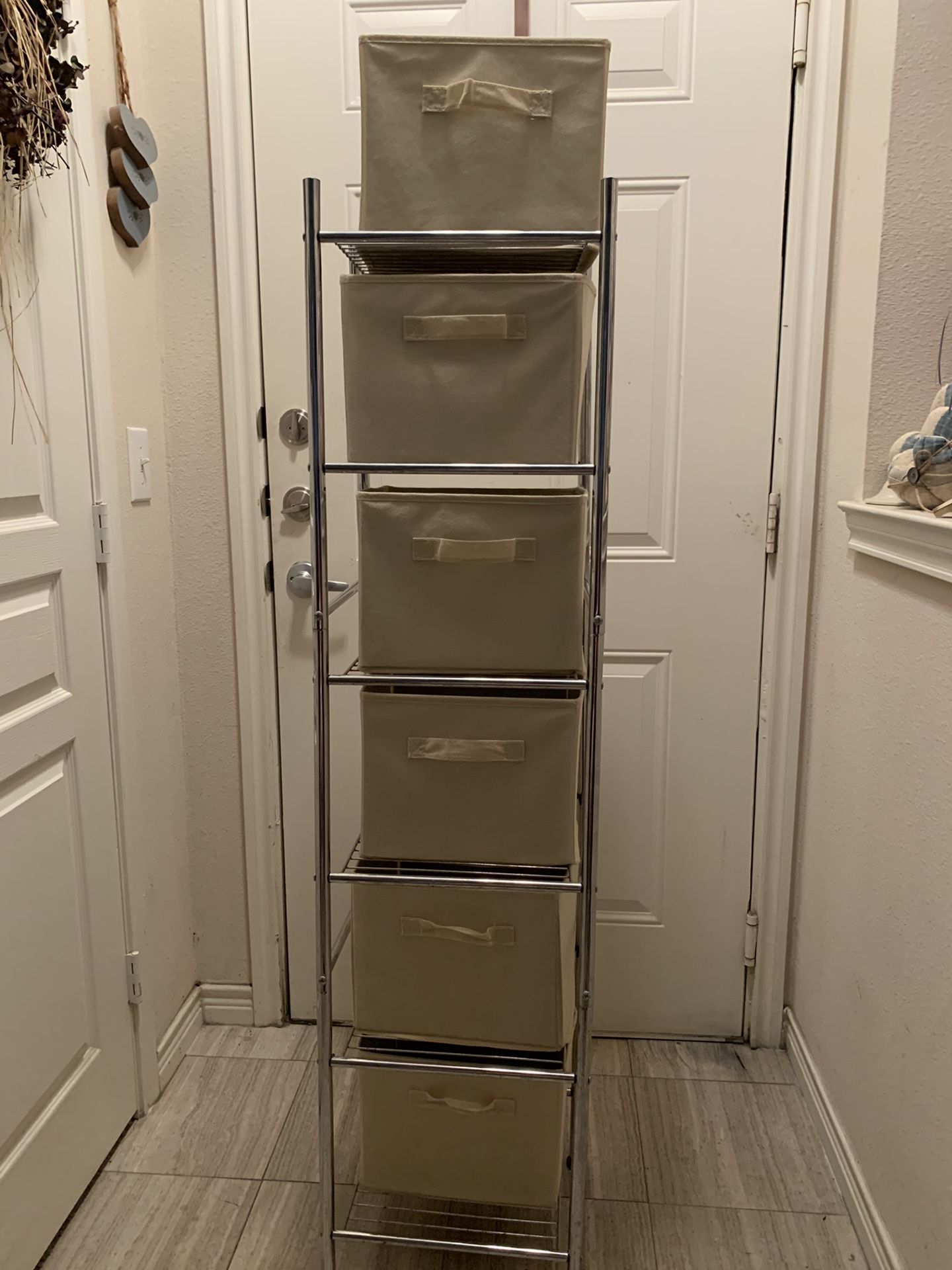 Metal  Storage Rack With  6 Stackable Beige Totes 30.00 Cross Posted In Hurst