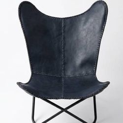Navy Leather & Suede Butterfly Chair (BKF Style) - Hand-Stitched, Black Frame. MSRP $380 + TAX