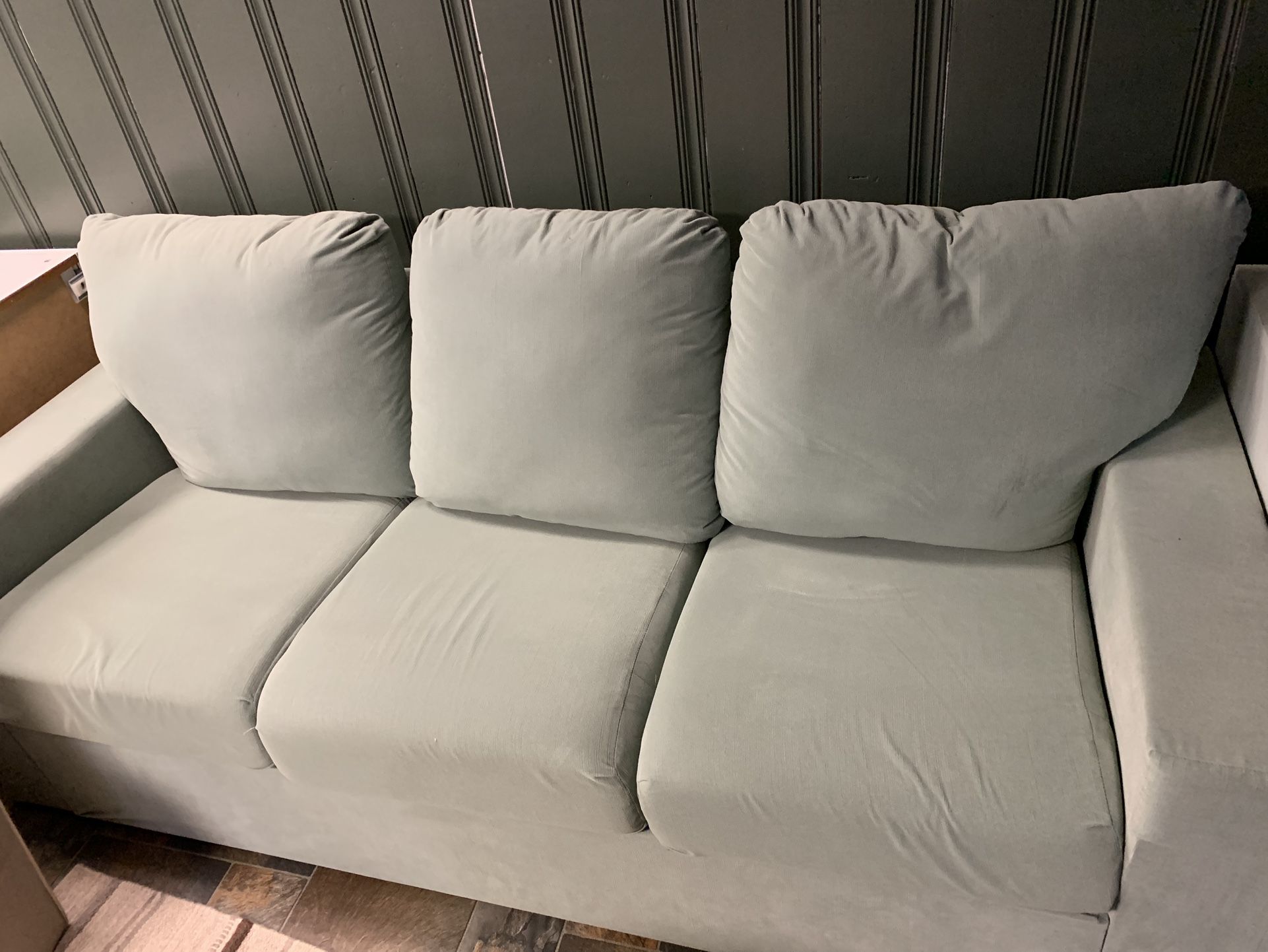 Home Reserve Tux Couch In Retriever fabric Seafoam Green