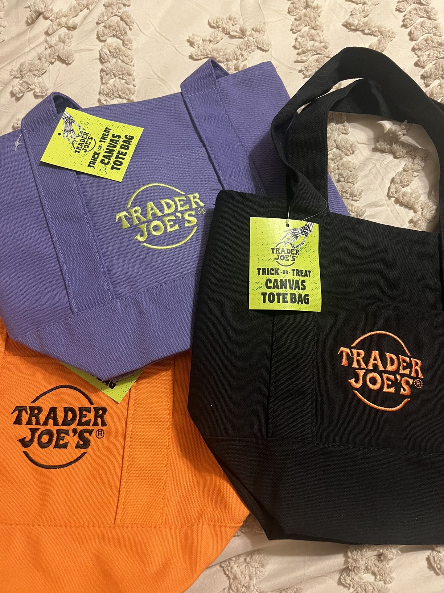 Viral Trader Joe’s tote bags 🧡💜 $10 each …Sold Black