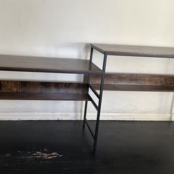 Double tiered standup/sit down desk w/ shelves