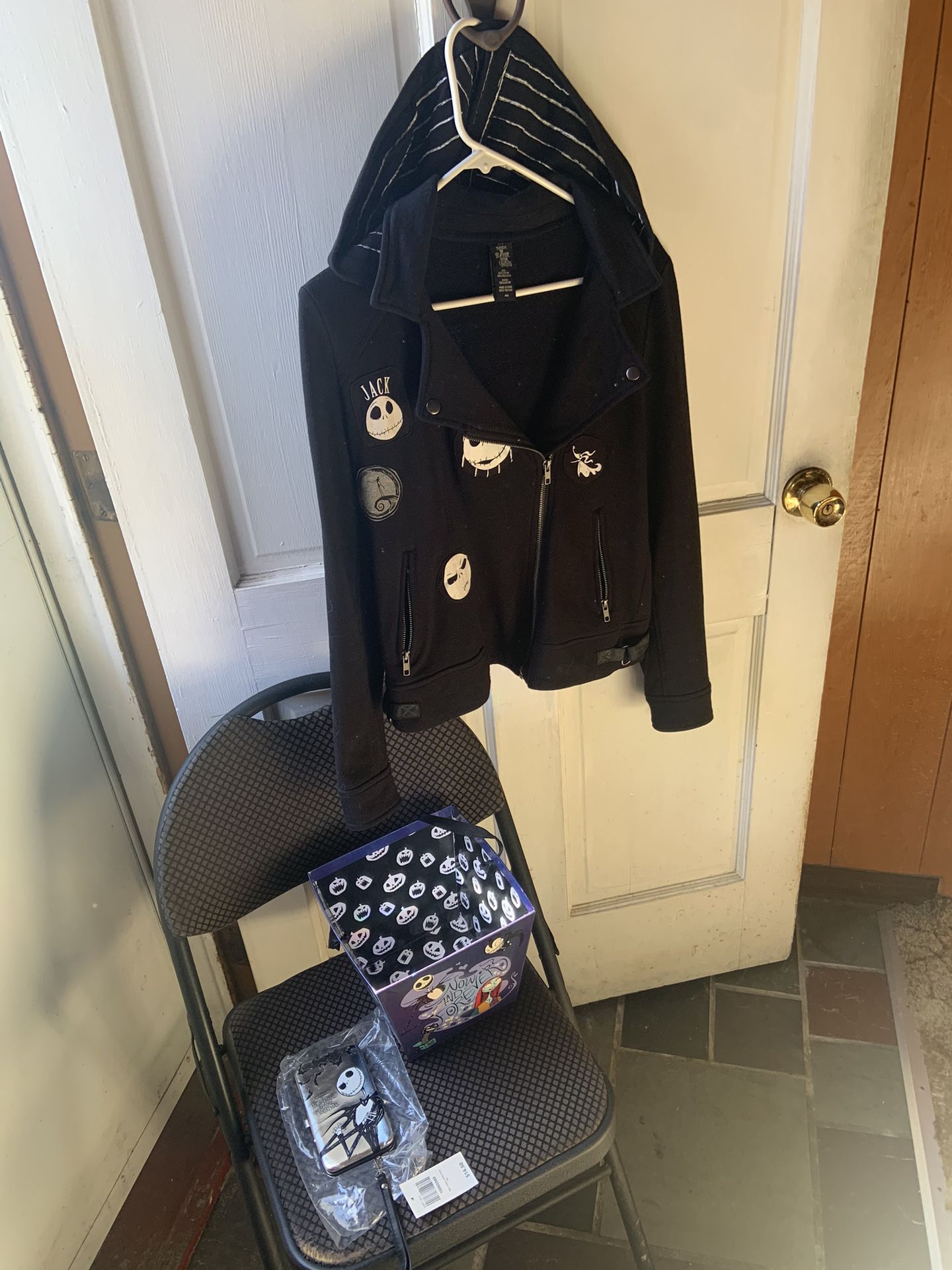 New Motorcycle Jacket  Pop Fan  Culture .. Disney ..  Jack Skellington Nightmare Before Xmas Memorabilia Motorcycle Jacket,   Card Case, And  Bucket