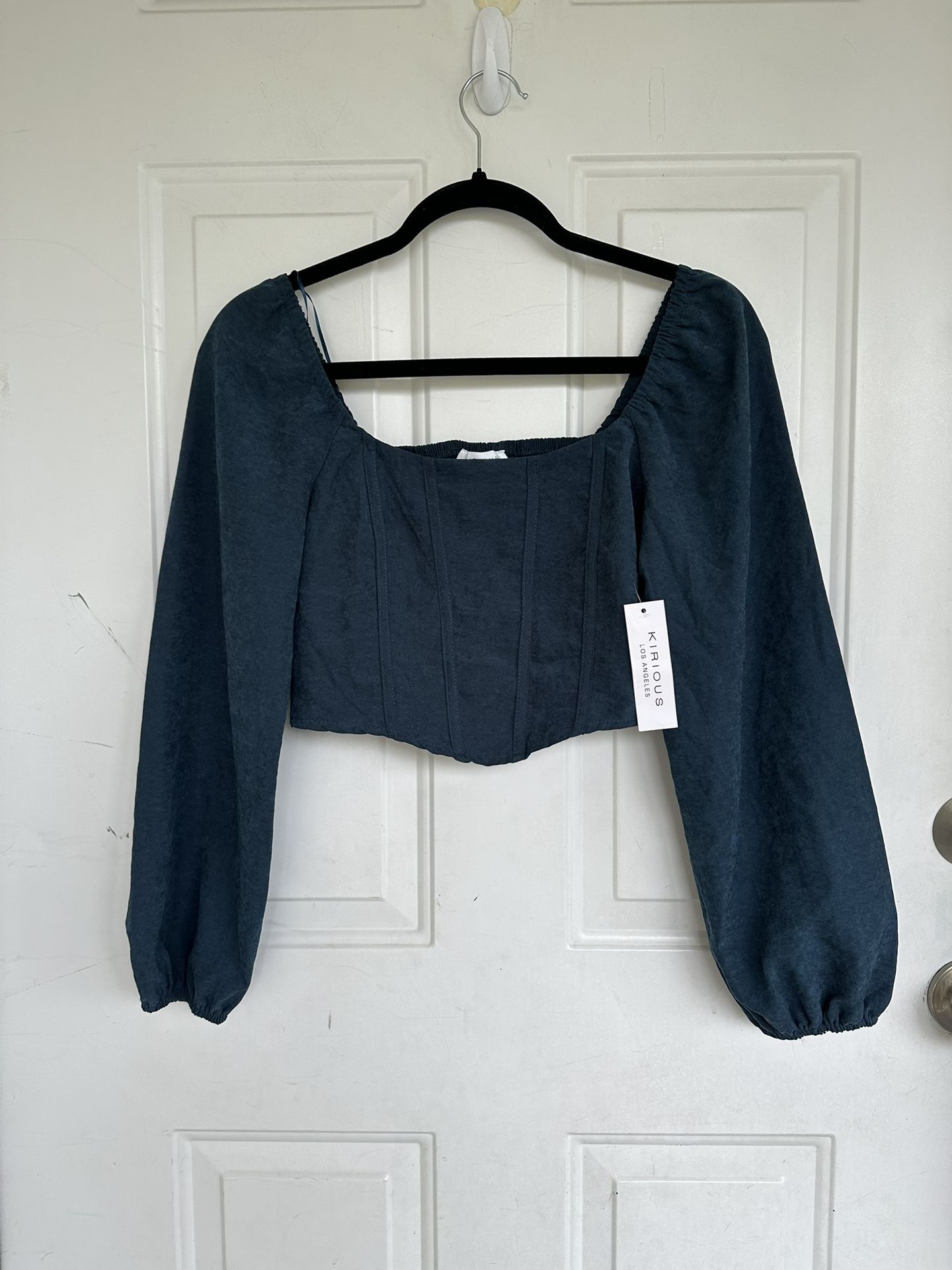 Kirious LA Teal Suede Feel Crop Top Long Sleeve Smocked Back Corset Top Size S