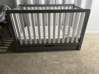 Beautiful Grey And White Crib With Drawer And Crib Mattress And Protector 