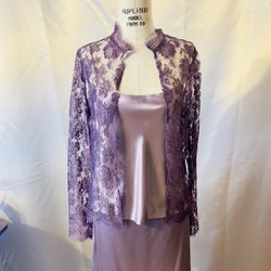 Elegant Amethyst Floor-Length Dress with Floral Lace Bolero