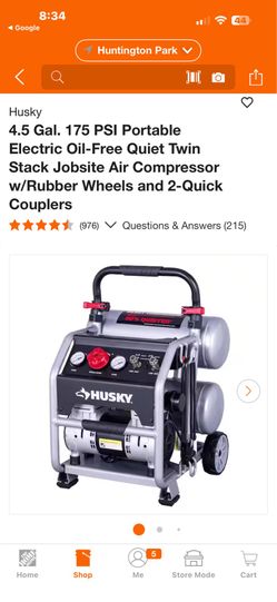 Husky 4.5 Gal. 175 PSI Portable Electric Oil-Free Quiet Twin Stack Jobsite Air Compressor w/Rubber Wheels and 2-Quick Couplers