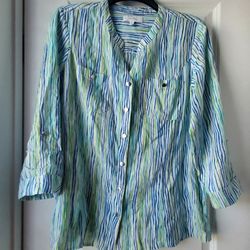 Coral Bay Womens L Striped Top L Linen Button 3/4 Roll Tab Sleeves Nautical READ
