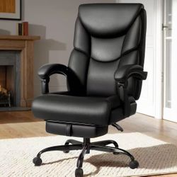 400lbs Office Chair with Foot Rest, Reclining Big and Tall Office Chair with Lumbar Support Spring Cushion, High Back Leather