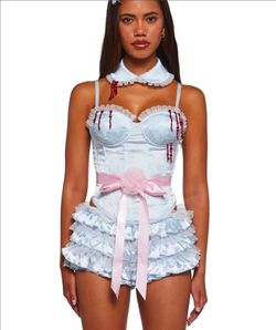 Blue Satin Corset Halloween Costume Set