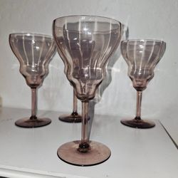 4 Vintage Pink Depression Glass Paneled Optic Stemmed Goblet Glasses 6 7/8" 