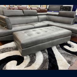 *Memorial Day Now*---Ibiza Bold Gray Leather Sectional Sofa W/Ottoman---Delivery And Easy Financing Available👏