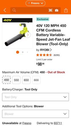 Ryobi 40V 120 mph 450 cmf cordless battery tool only