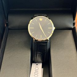 Brand New Authentic Movado Men's Ultra Slim Black Sunray Dial Leather Strap Watch!