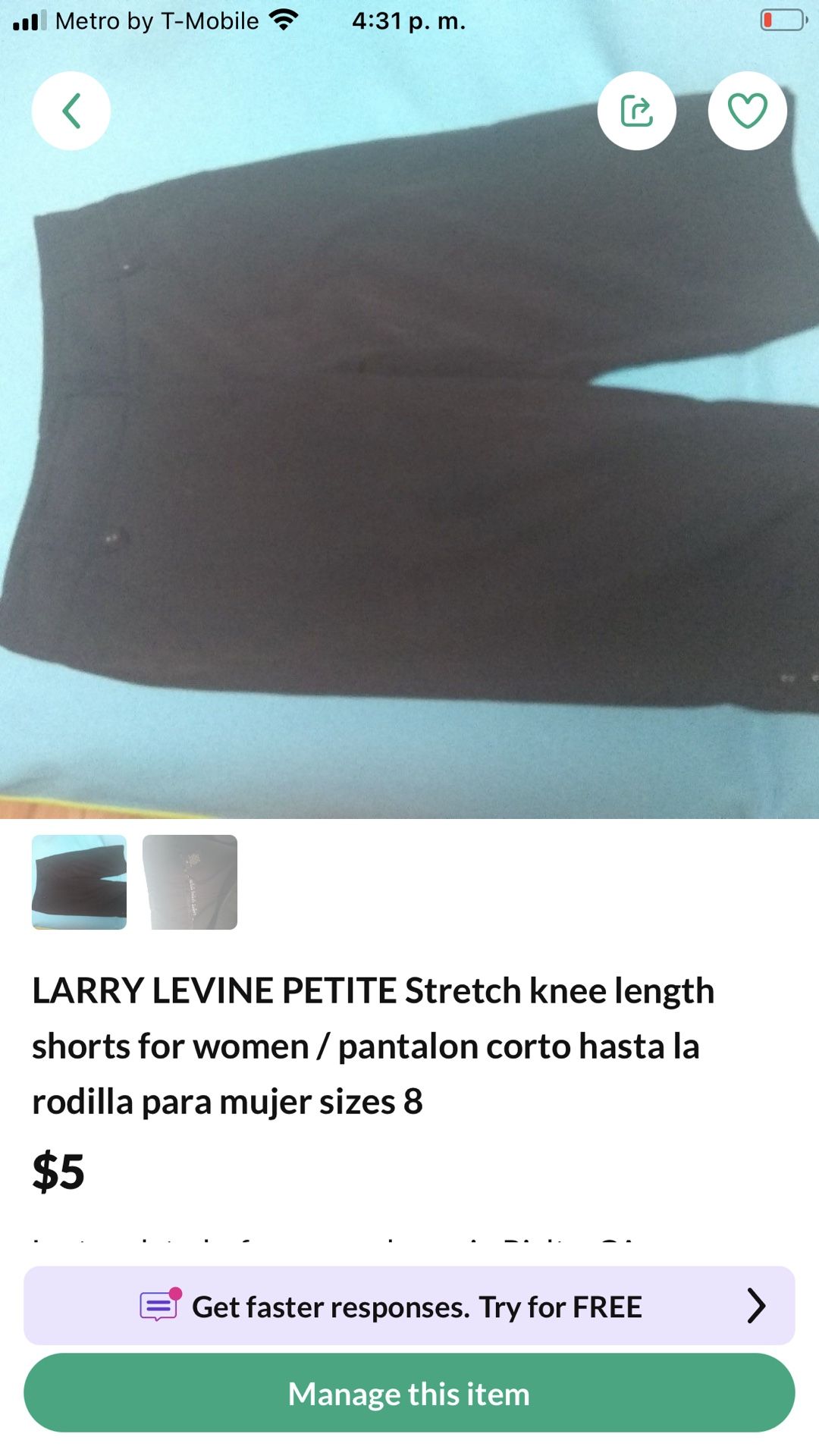 LARRY LEVINE PETITE Stretch knee length shorts for women / pantalon corto hasta la rodilla para mujer sizes 8