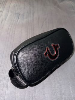 True Religion Black Leather with red and black hoursshoe Dopp kit