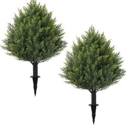 24.8 Inch Artificial Cedar Topiary Trees with Ground Spike, Set of 2 Faux Cypress Plants, UV Resistant Fake Pine Bushes for Outdoor