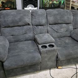 Grey Sofa And Love Seat With Recliners On Both
