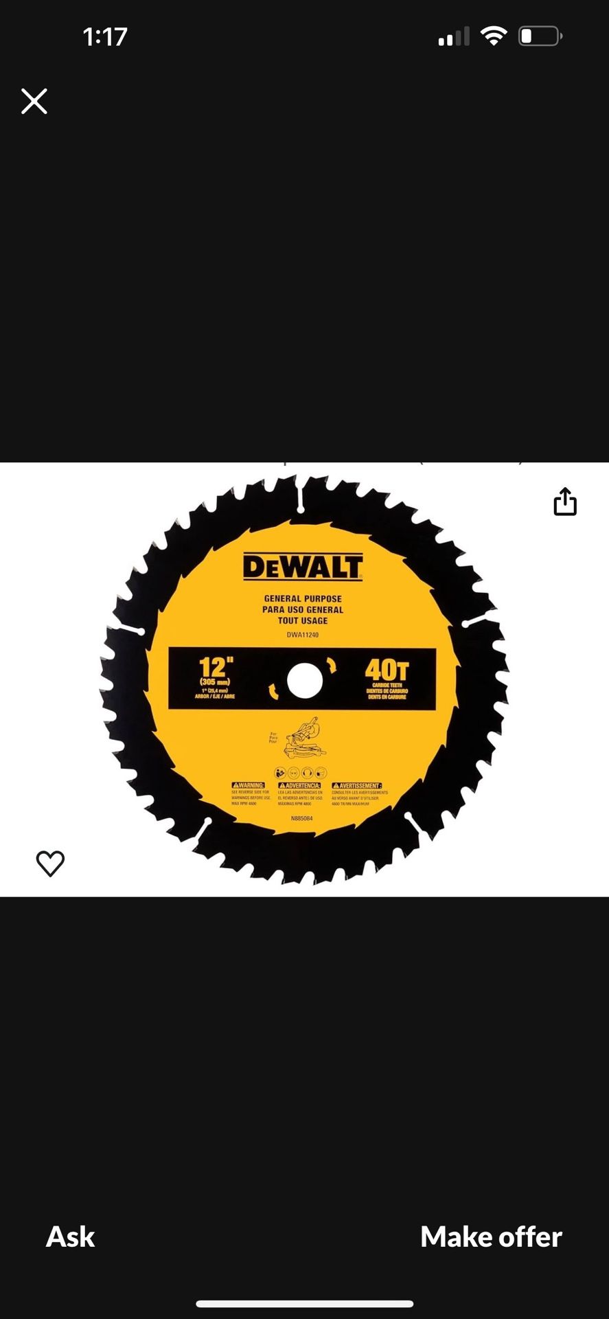 DeWalt 12in 40t General Purpose Saw Blade