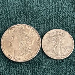 Morgan, Silver Dollar And Walking Liberty Half Dollar