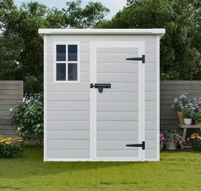 New in Box 6 x 6 FT Resin Outdoor Storage Shed Waterproof Shed w/ Floor Two Windows & Lockable Door