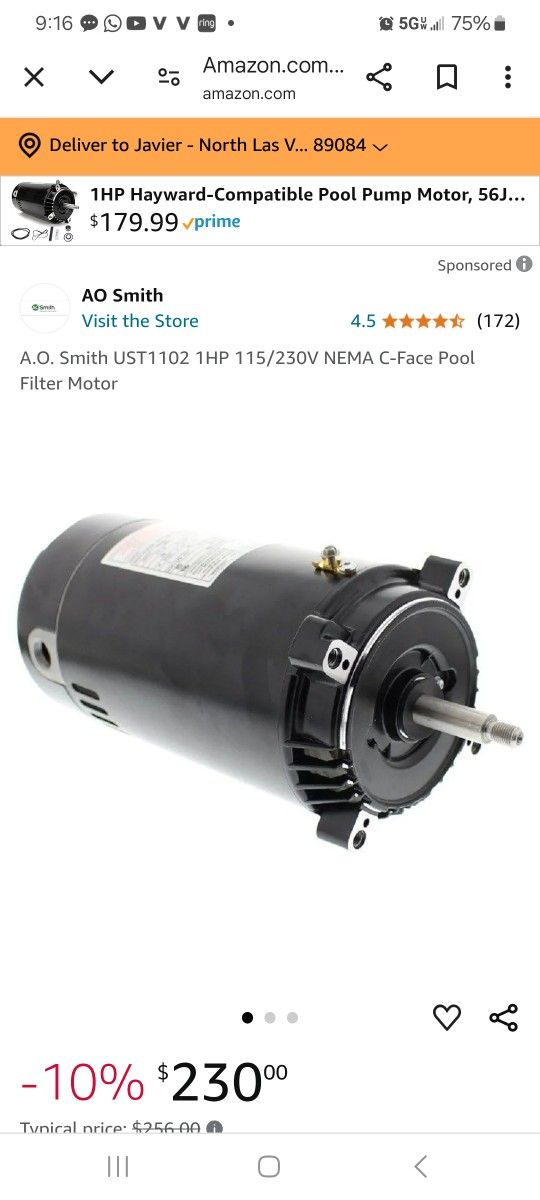 A.O. Smith UST1102 1HP 115/230V NEMA C-Face Pool Filter Motor
