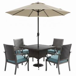5-Piece Metal Patio Outdoor Dining Set with Rattan Woven Backrest,4 Chairs, Large Table, Umbrella Hole and Blue Cushions