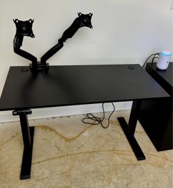 Black Electric Standing Desk with Dual Monitor Arm